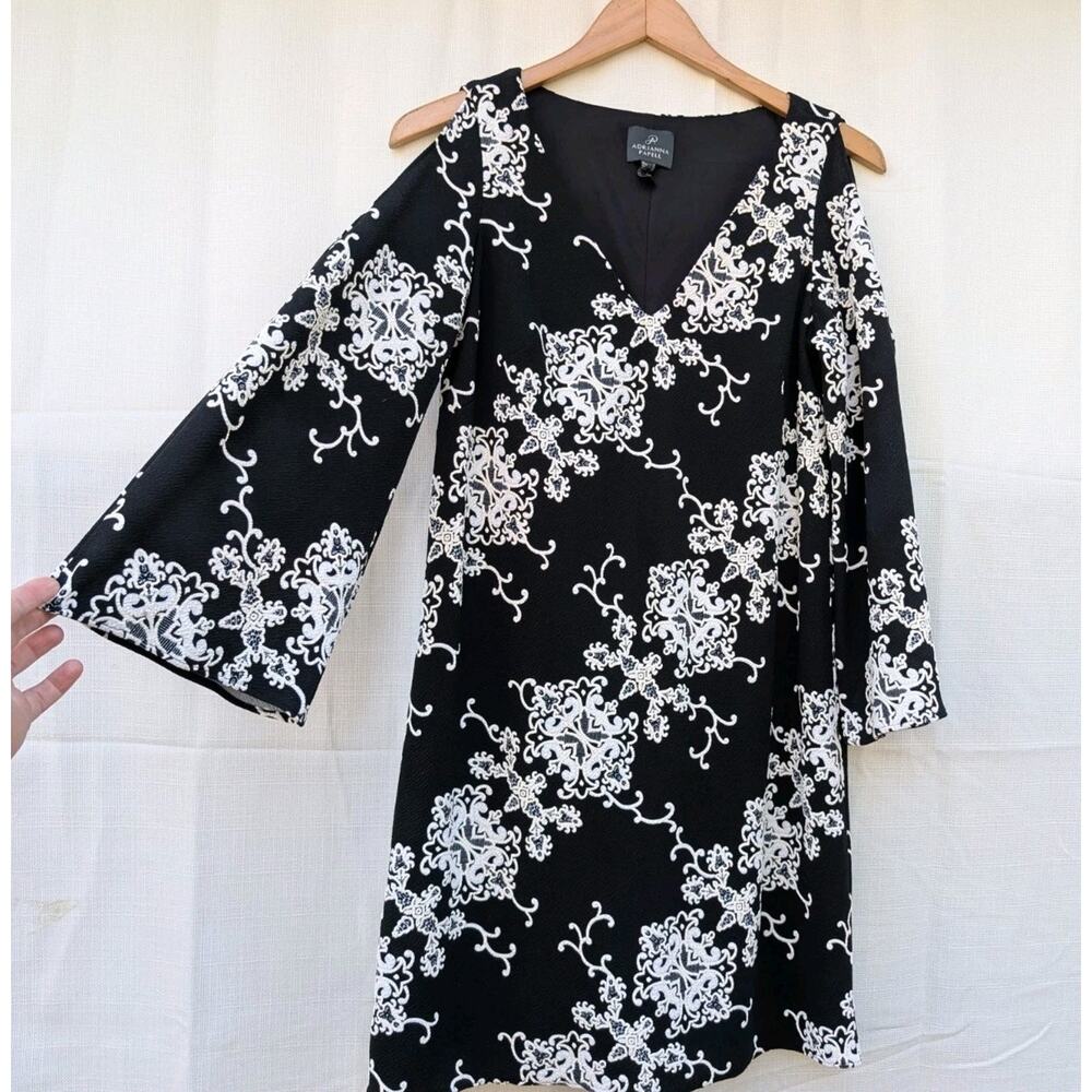 Adrianna Papell Womens Black Cold Shoulder Shift‎ Dress Sz 6 Floral Flare Sleeve